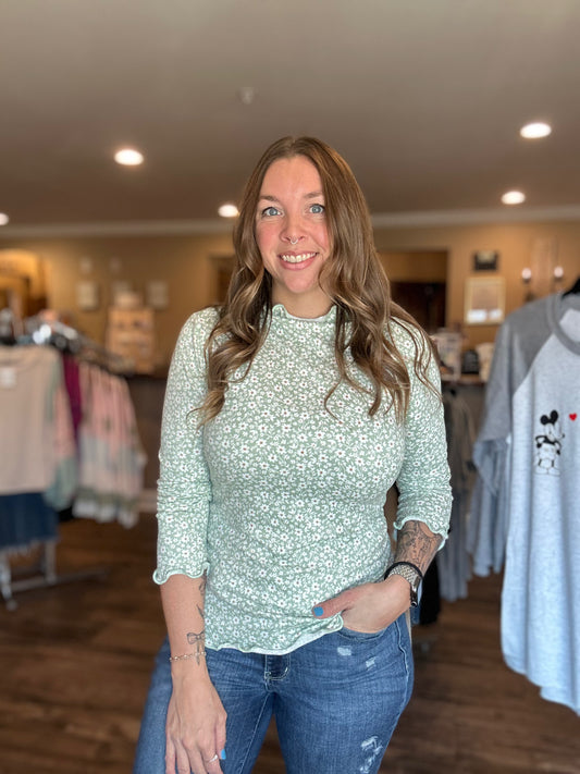 Sage Floral Mock Neck Top