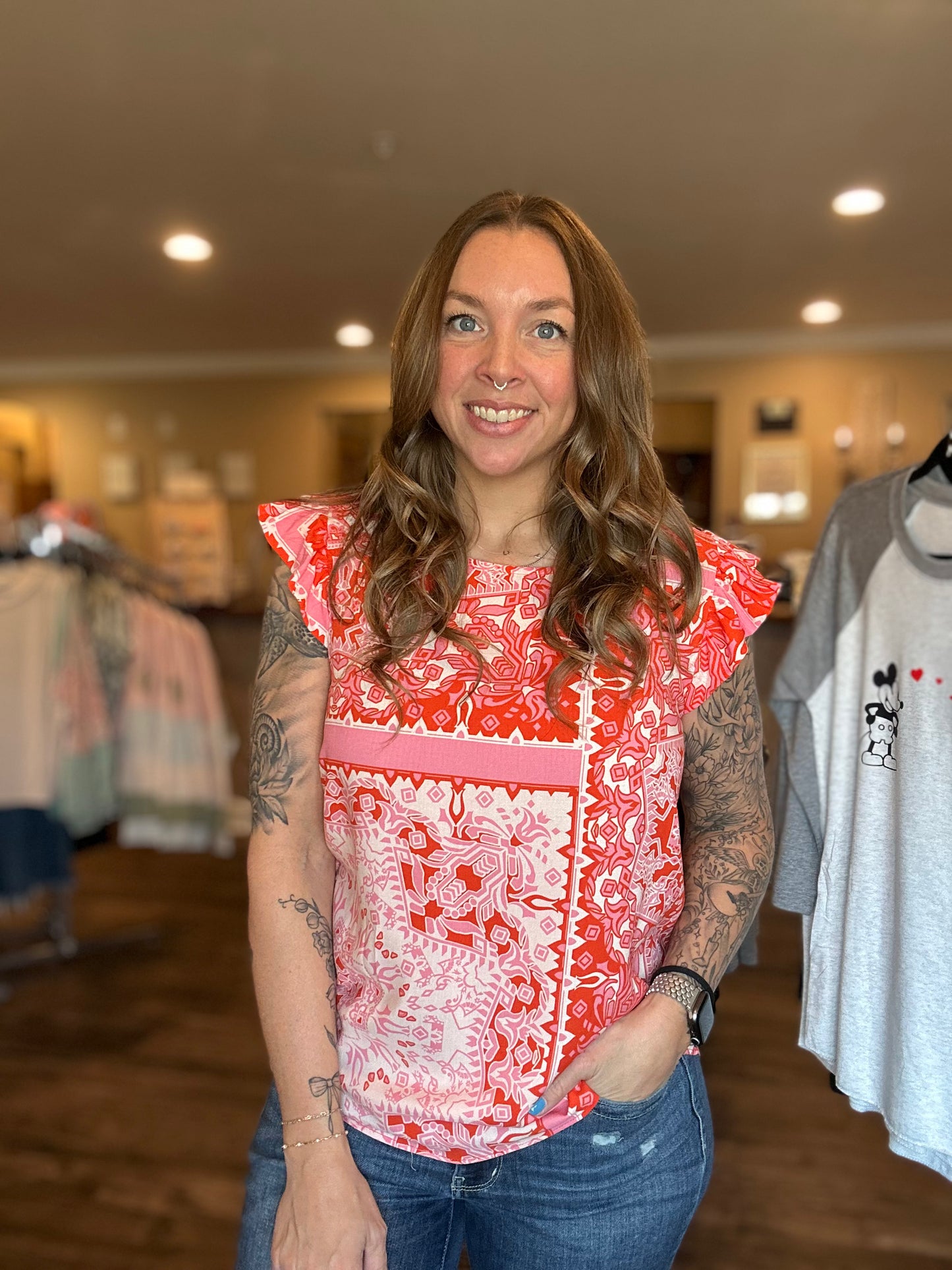 Floral Patchwork Ruffle Sleeve Blouse
