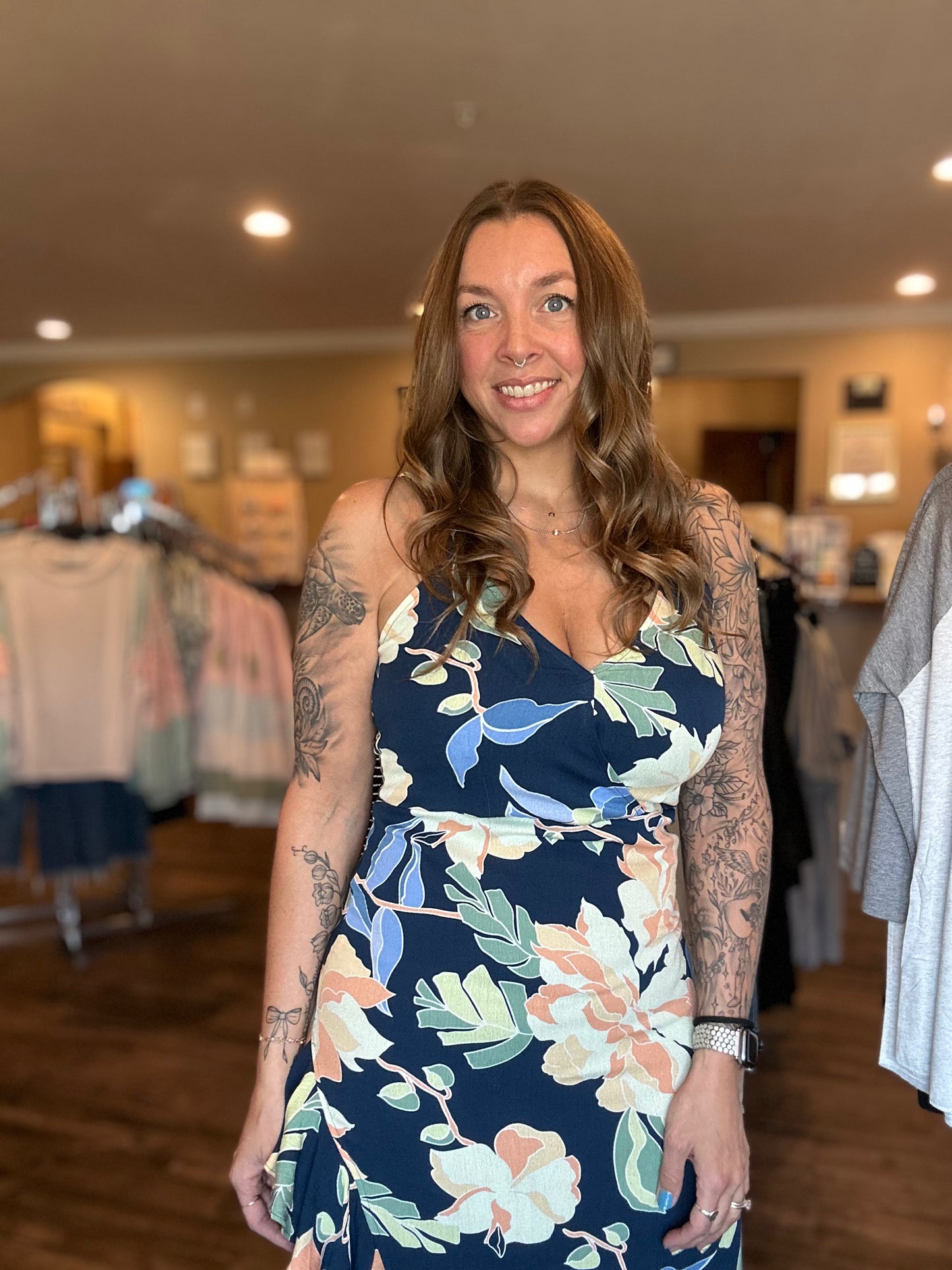 Navy Floral Side Slit Maxi Dress