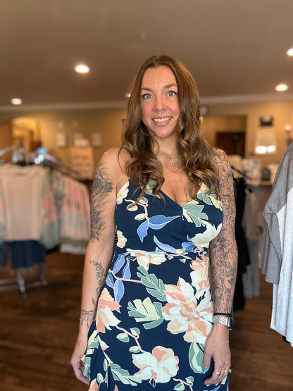 Navy Floral Side Slit Maxi Dress
