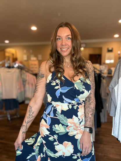 Navy Floral Side Slit Maxi Dress