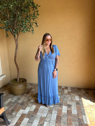 Denim Blue Knotted Flutter Sleeve Dress