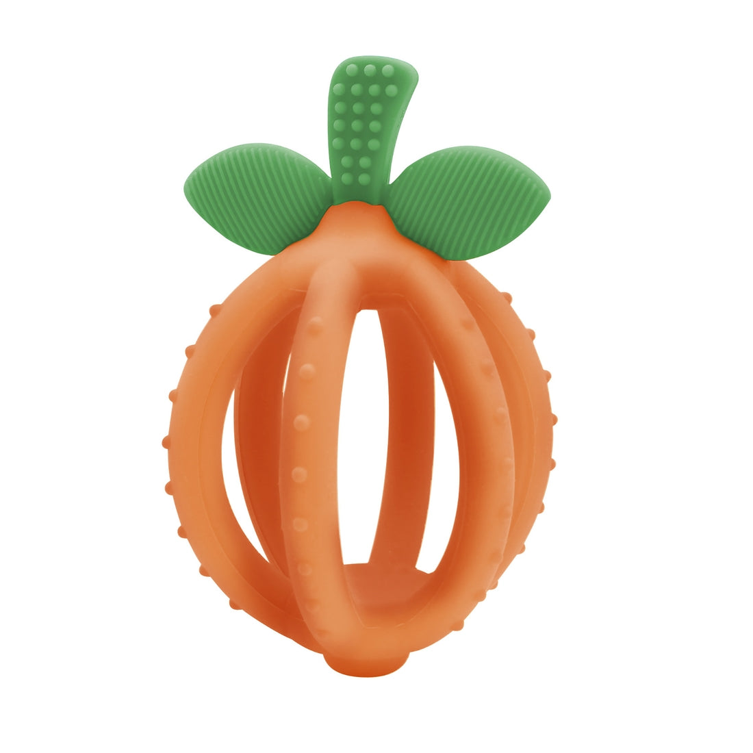 Itzy Ritzy Bitsy Biter - Peach Theme - Sore gums are no match for the Itzy Ritzy Bitzy Biter™ Teething Ball! This multi-texture teether is perfect for providing comfort as it soothes your child's emerging teeth and calms sore, swollen gums. It also acts as a training toothbrush on the stem. The teething ball is shaped like a lemon/clementine and is made of non-toxic food grade silicone. The open design makes it perfect for small hands to hold.