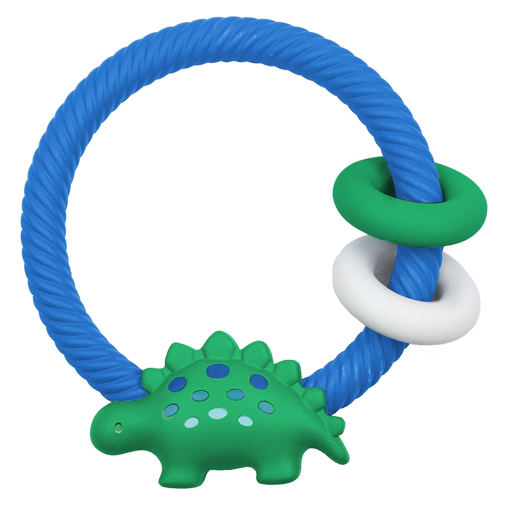 Shake the teething blues away with an adorable Ritzy Rattle™! Their silicone rattle teether features a gentle rattle sound and includes two silicone rings to keep baby’s hands busy. The rattle teether is easy for baby to grasp and its raised textures will help soothe and massage sore gums. The Ritzy Rattle™ is designed for ages 3 months and up!