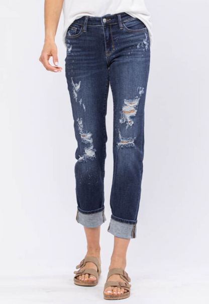 Judy Blue Devon Dark Boyfriend Bleach Splashed - front - Distressed. Dark Wash. Stretchy Comfort.