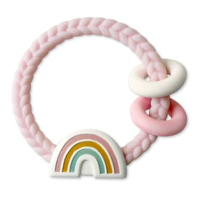 Itzy Ritzy Rattle - Rainbow - Shake the teething blues away with an adorable Ritzy Rattle™! Their silicone rattle teether features a gentle rattle sound and includes two silicone rings to keep baby’s hands busy. The rattle teether is easy for baby to grasp and its raised textures will help soothe and massage sore gums. The Ritzy Rattle™ is designed for ages 3 months and up!