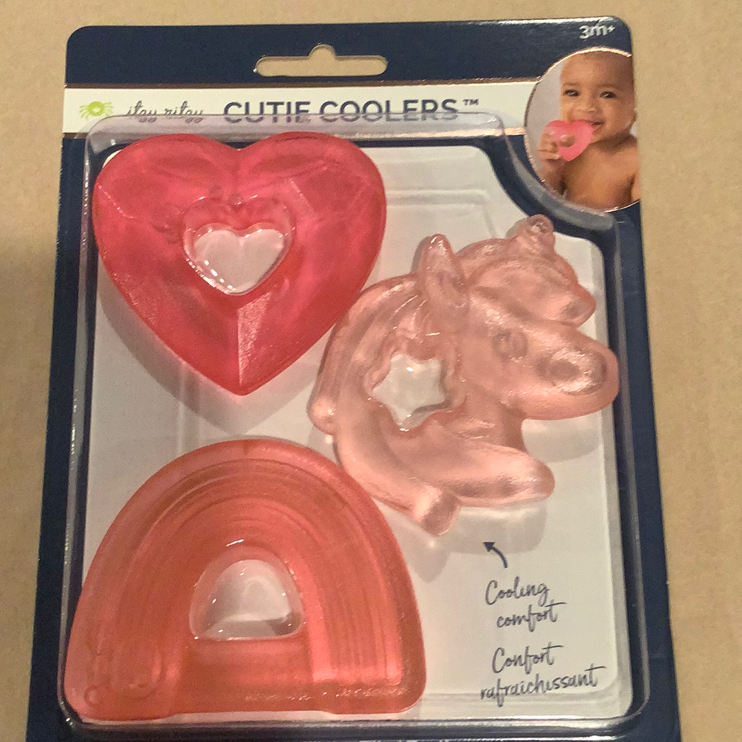 Pink Heart, Light Pink Unicorn, and Peach colored Rainbow - Help your little one keep their cool while teething with these adorable cactus teethers! Their 3-pack of water-filled teethers are textured on both sides to help soothe sore gums, and they can be chilled in the refrigerator for extra relief. Their open shape is easy for baby to hold and their trendy cacti designs make them even easier on the eyes!